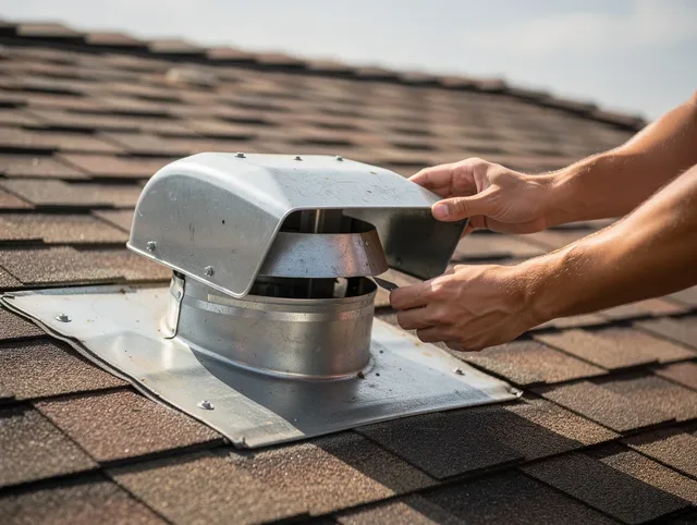 Maple Heights Dryer Vent Cleaning certified technician safely cleaning a roof-mounted dryer vent in Maple Heights