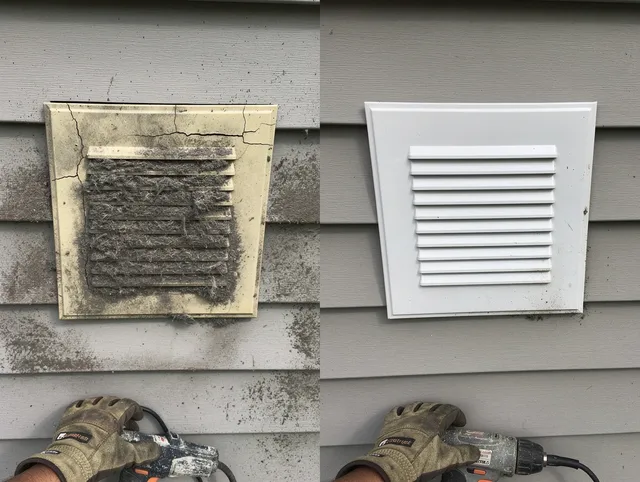 Maple Heights Dryer Vent Cleaning technician installing high-quality dryer vent cover at a residential property in Maple Heights