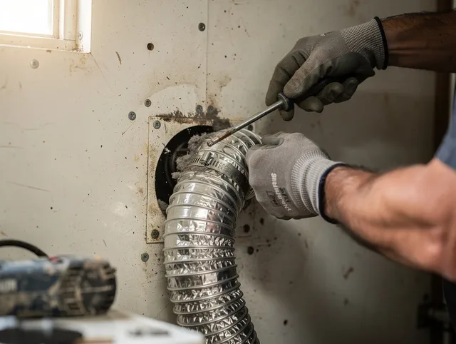 Maple Heights Dryer Vent Cleaning technician performing precise dryer vent hose installation in Maple Heights